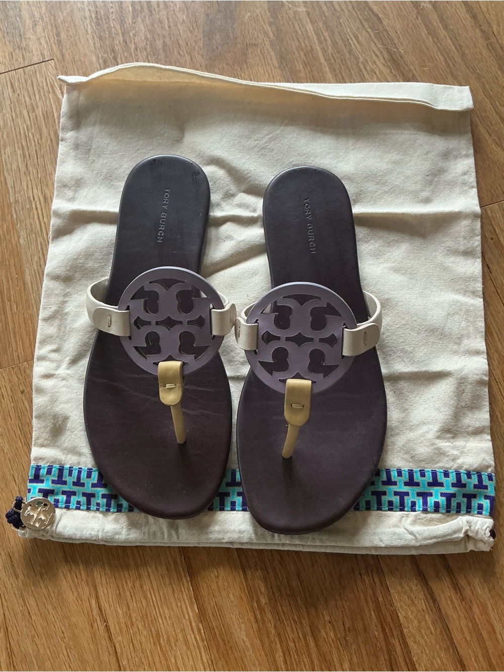 Tory Burch Brown and Cream Leather Miller Thong Sandals with Gold Accent